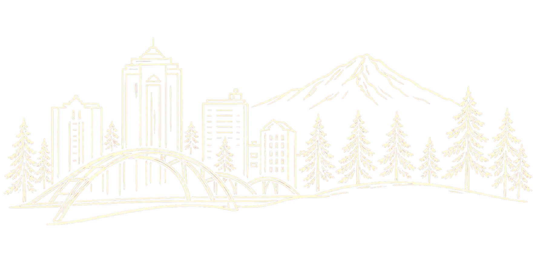Crisp line drawing of the Portland skyline, bridge, forest, and Mount Hood