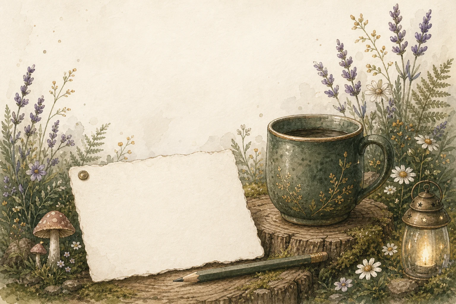 A handmade ceramic mug, blank note, pencil, lantern, and wildflowers arranged on a garden table